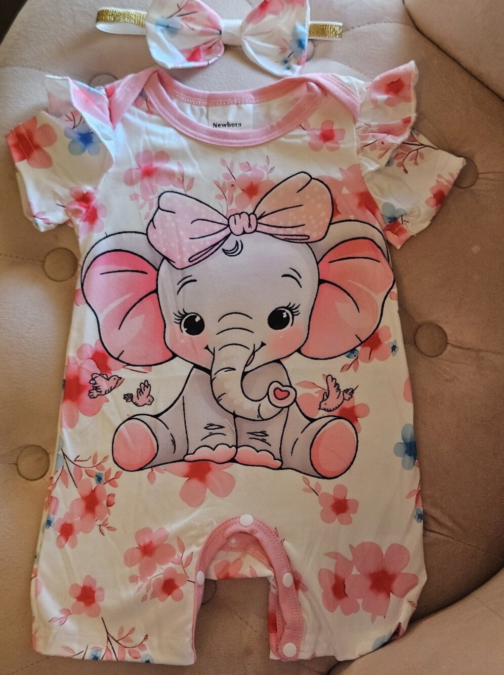 Pink Floral Elephant Short Sleeve Baby Romper - Unbranded